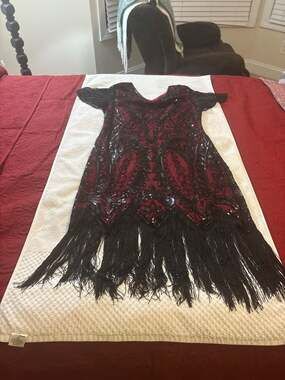 Fundaisy 1920s Flapper Beaded Sequin Fringe Dress Red Black